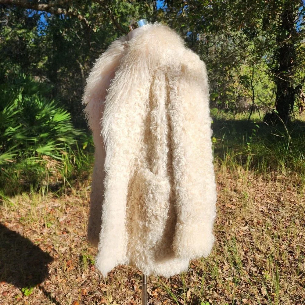 Vintage Genuine Shearling Mongolian Lamb Fur Shag Curly Ivory Long Coat 70's - Picture 4 of 16